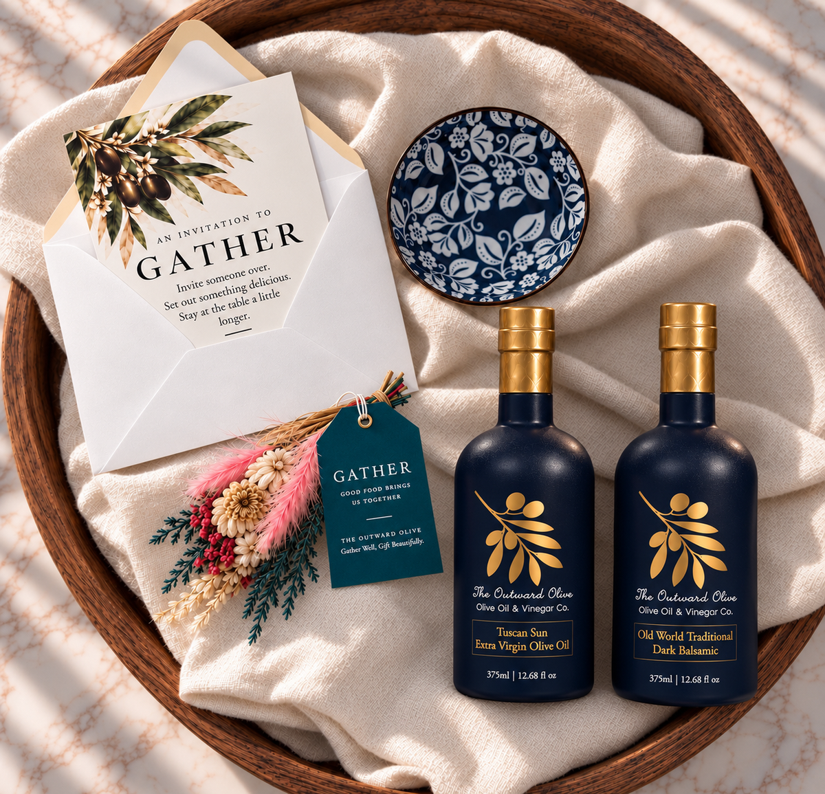 Overhead view of the Gather gift set on a cream tea cloth