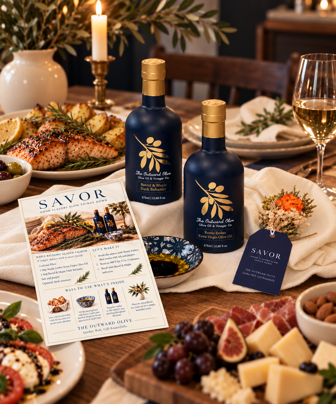 Savor gift set set out on a dinner table with a dipping bowl of olive oil and balsamic