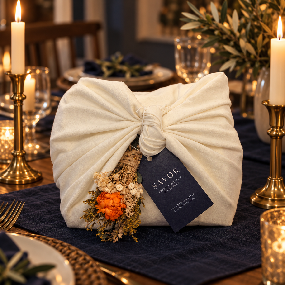 Savor gift set wrapped in a cream cotton tea cloth with dried florals and a navy hang tag