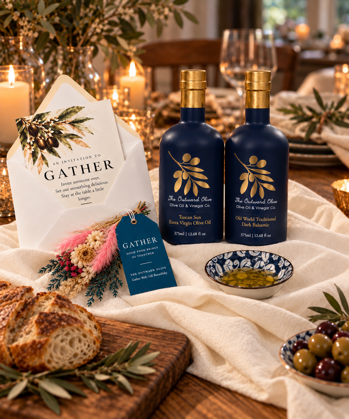 Gather gift set on a dinner table with warm bread and a blue and white dipping bowl