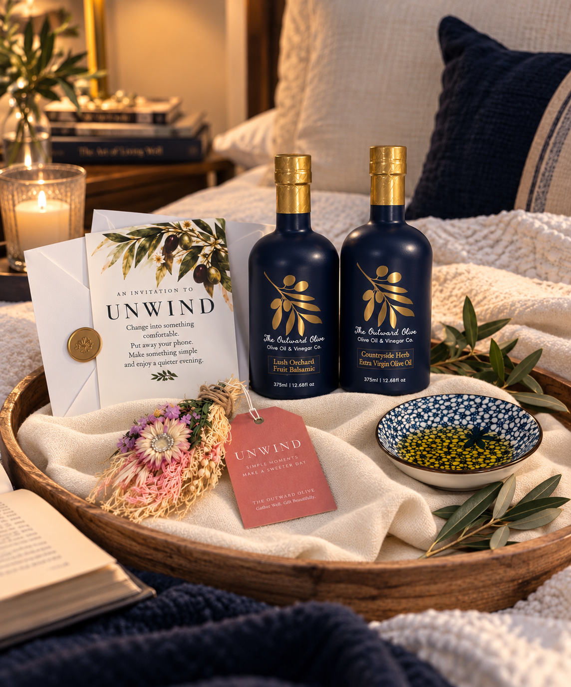 Unwind gift set on a tray for a quiet evening at home