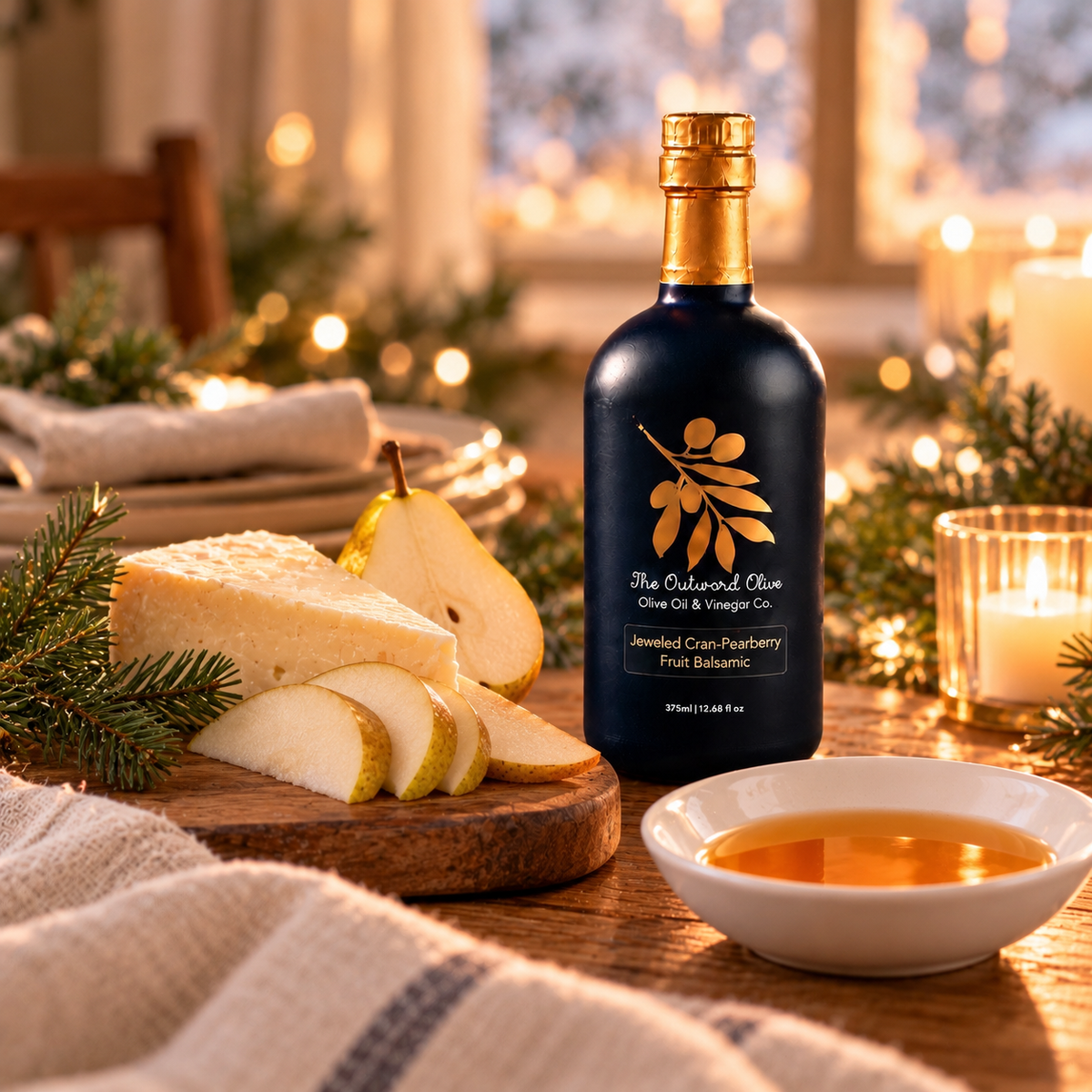Jeweled Cran-Pearberry Fruit Balsamic on a holiday table with aged cheddar and pear