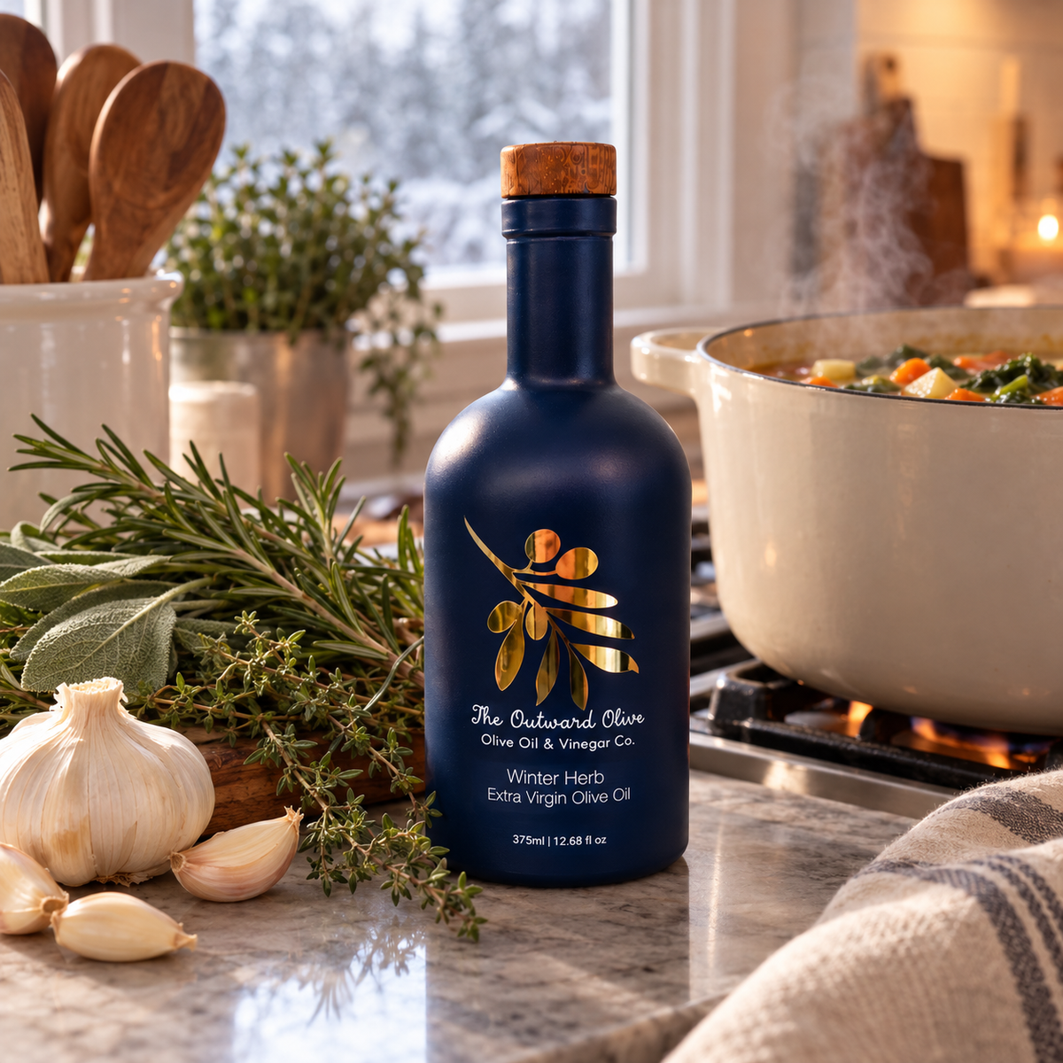 Winter Herb Extra Virgin Olive Oil on a kitchen counter with garlic, rosemary, sage and thyme on a winter afternoon