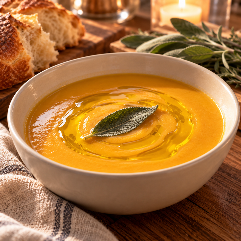 Butternut squash soup with a swirl of olive oil