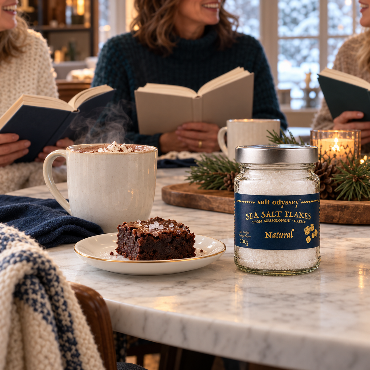 Book club with hot cocoa, a brownie and Salt Odyssey sea salt flakes