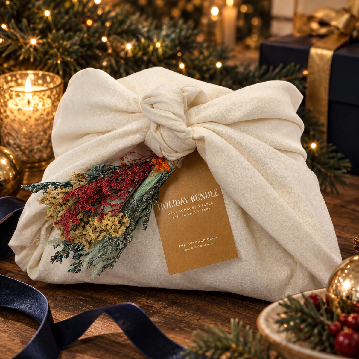 Holiday gift set wrapped in a cream cotton tea cloth with dried florals and a gold hang tag