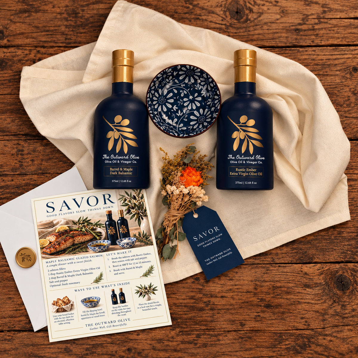 Overhead view of the Savor gift set on a cream tea cloth