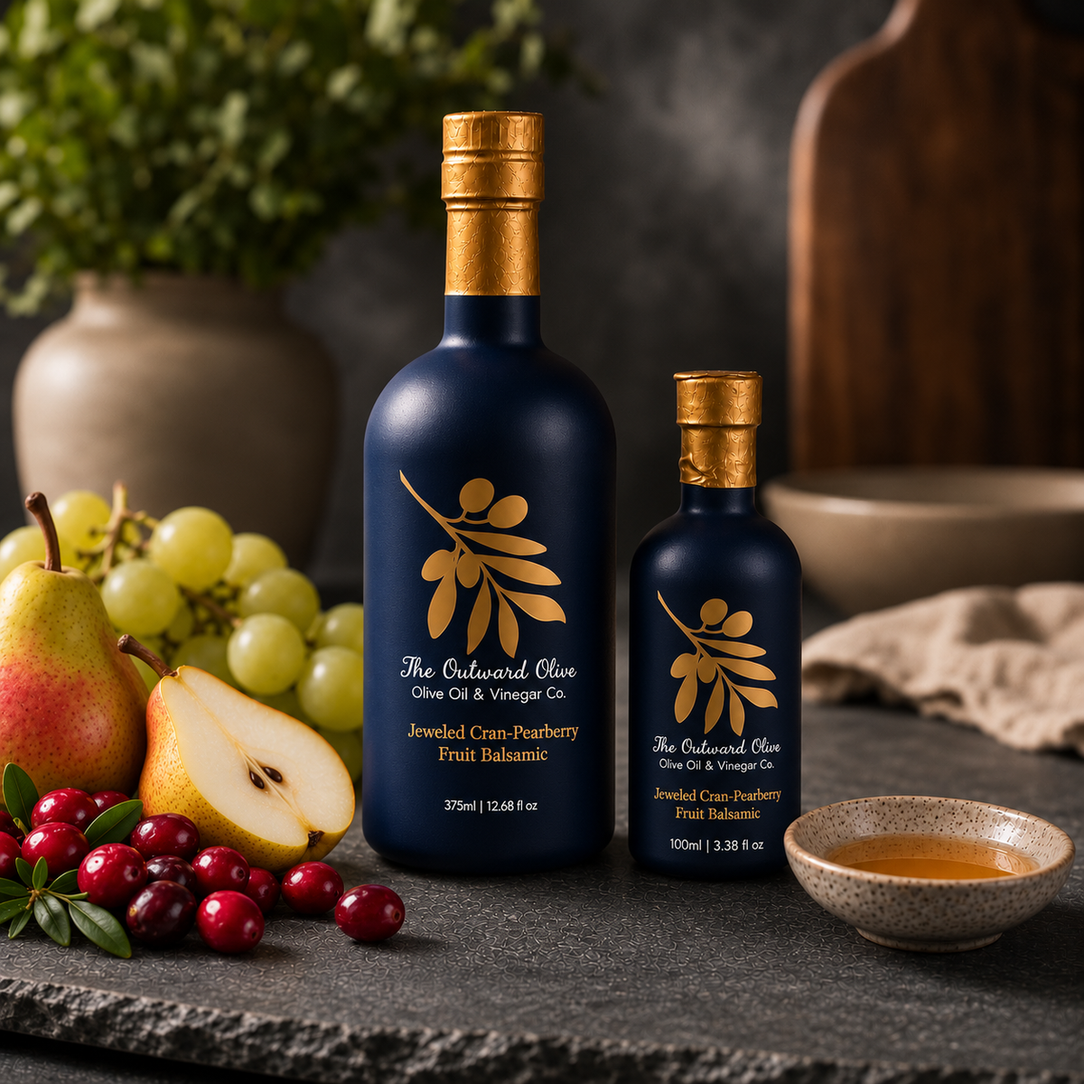 Jeweled Cran-Pearberry Fruit Balsamic in 375ml and 100ml bottles
