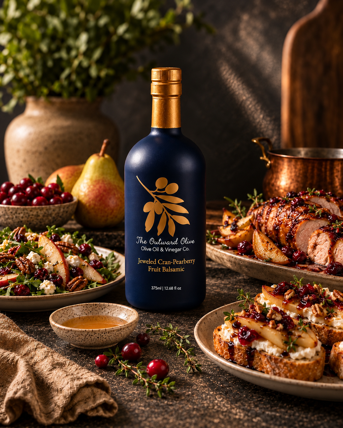Jeweled Cran-Pearberry Fruit Balsamic 375ml and 100ml bottles on a table set with food