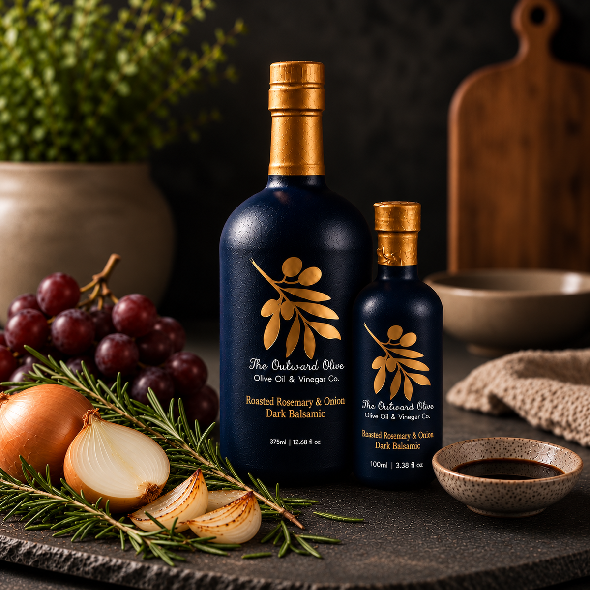 Roasted Rosemary & Onion Dark Balsamic in 375ml and 100ml bottles