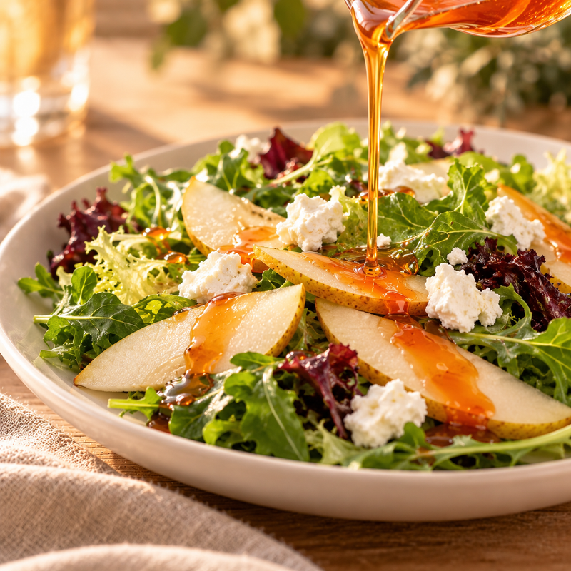 Winter salad with pear dressed with fruit balsamic