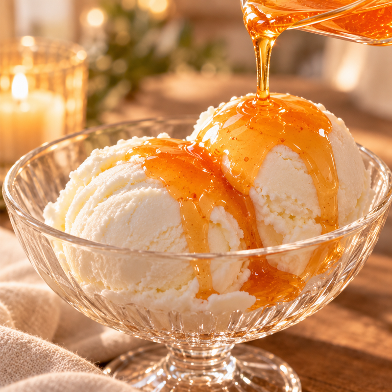 Vanilla gelato with fruit balsamic poured over