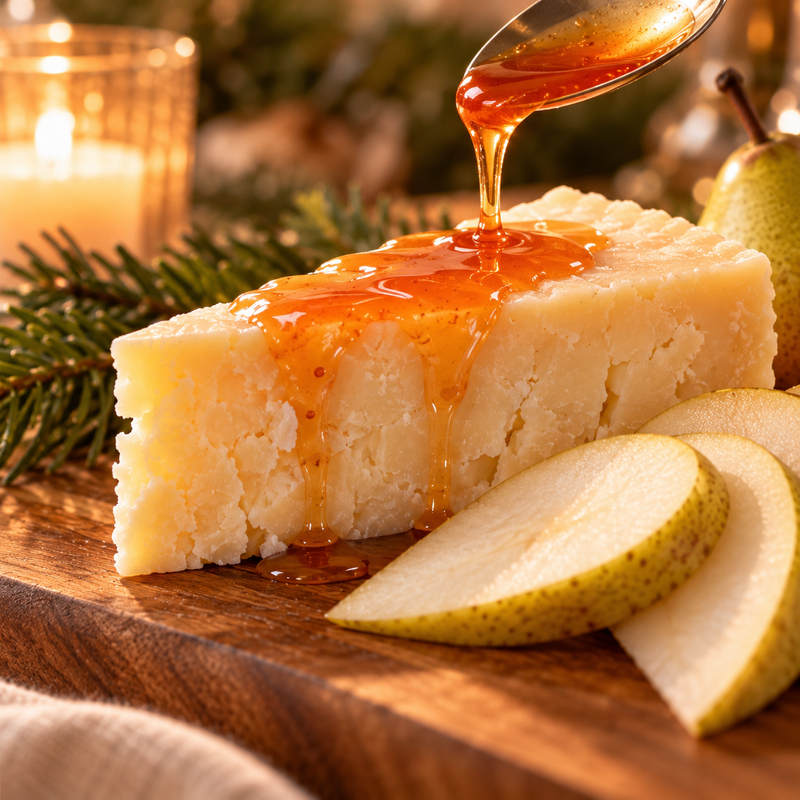 Aged cheddar with fruit balsamic spooned over