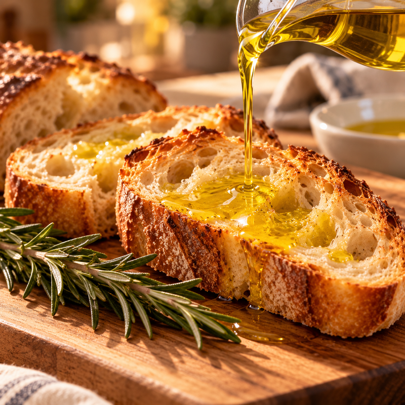Olive oil drizzled over warm crusty bread
