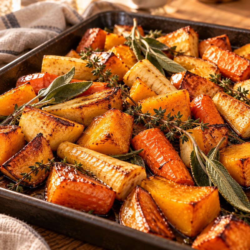 Roasted carrots, parsnips and squash with sage and thyme