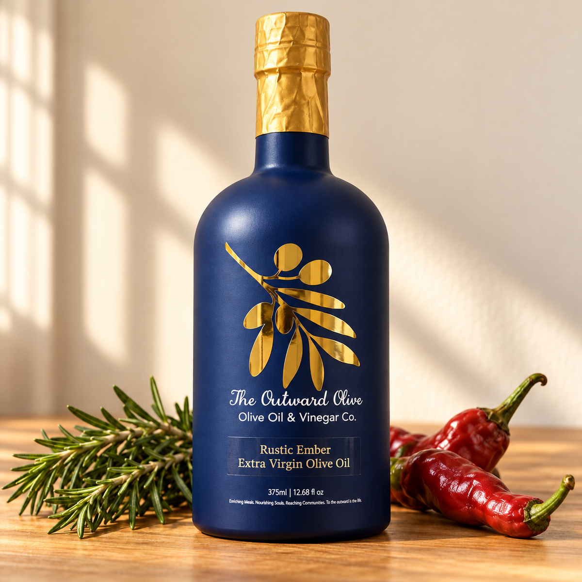 Rustic Ember extra virgin olive oil 375ml bottle with red chili peppers and rosemary