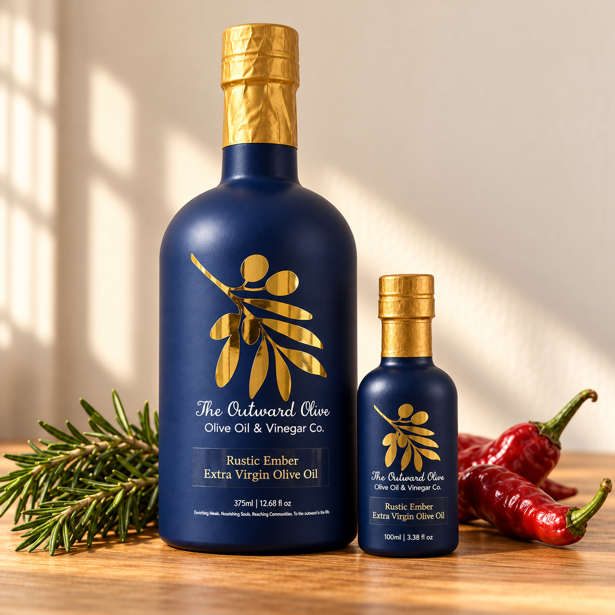 Rustic Ember extra virgin olive oil in 375ml and 100ml bottles, with red chili peppers and rosemary